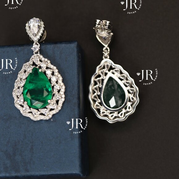 Teardrop Earrings with Emerald Green CZ and Clear CZ in Sterling Silver .925. - Picture 4 of 7